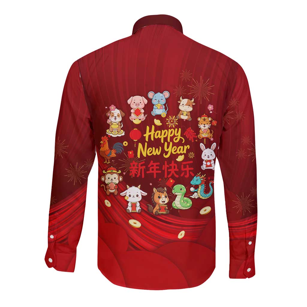 Chinese Zodiac Happy New Year Long Sleeve Button Shirt Festive Cartoon Illustration Style