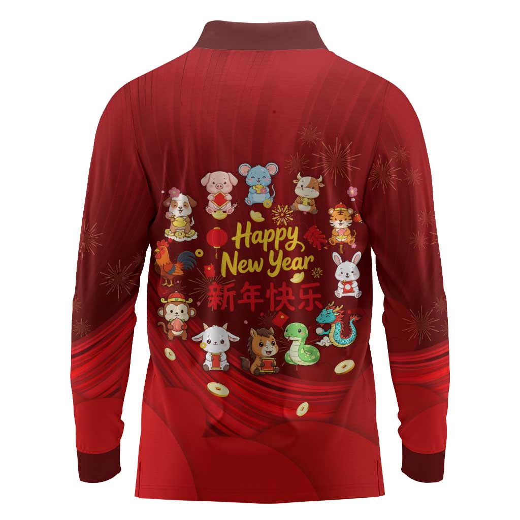 Chinese Zodiac Happy New Year Long Sleeve Polo Shirt Festive Cartoon Illustration Style