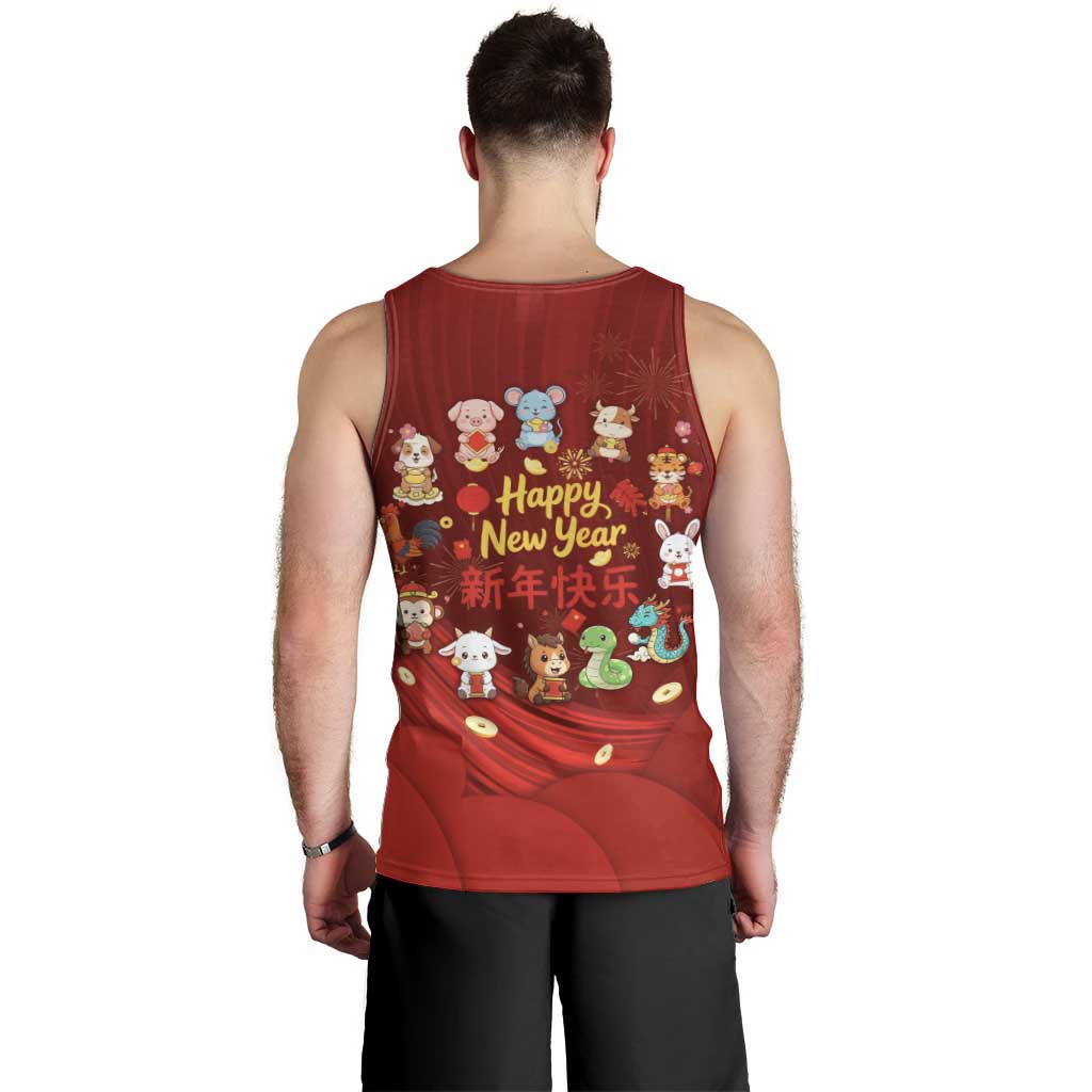 Chinese Zodiac Happy New Year Men Tank Top Festive Cartoon Illustration Style