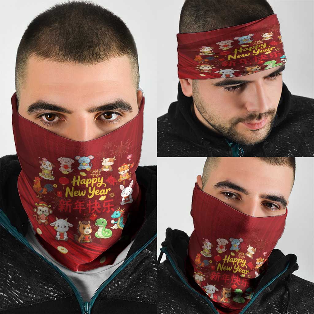 Chinese Zodiac Happy New Year Neck Gaiter Festive Cartoon Illustration Style