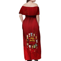 Chinese Zodiac Happy New Year Off Shoulder Maxi Dress Festive Cartoon Illustration Style
