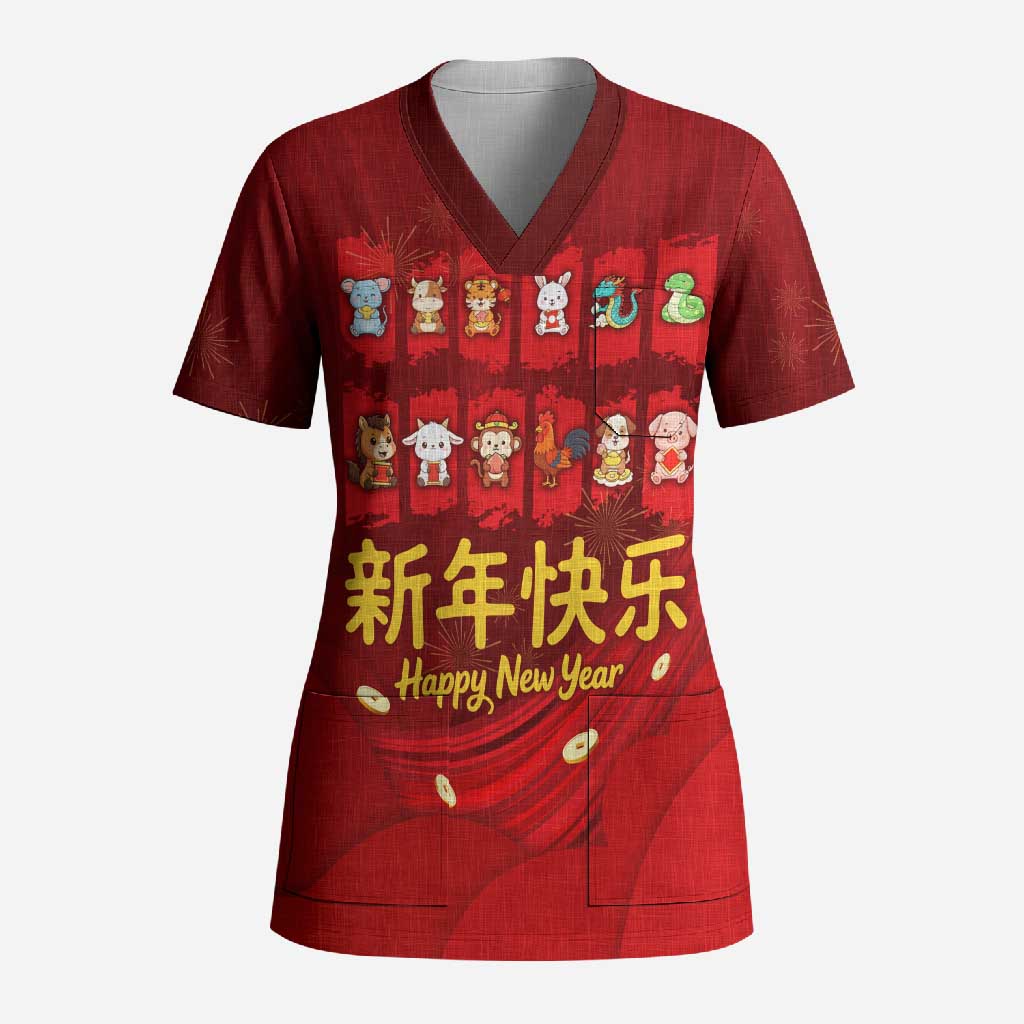 Chinese Zodiac Happy New Year Scrub Top Festive Cartoon Illustration Style
