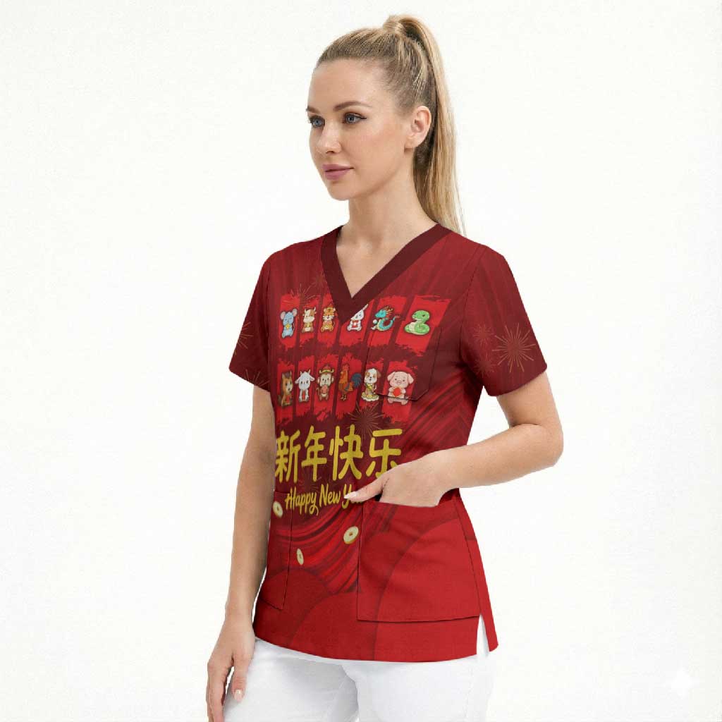 Chinese Zodiac Happy New Year Scrub Top Festive Cartoon Illustration Style