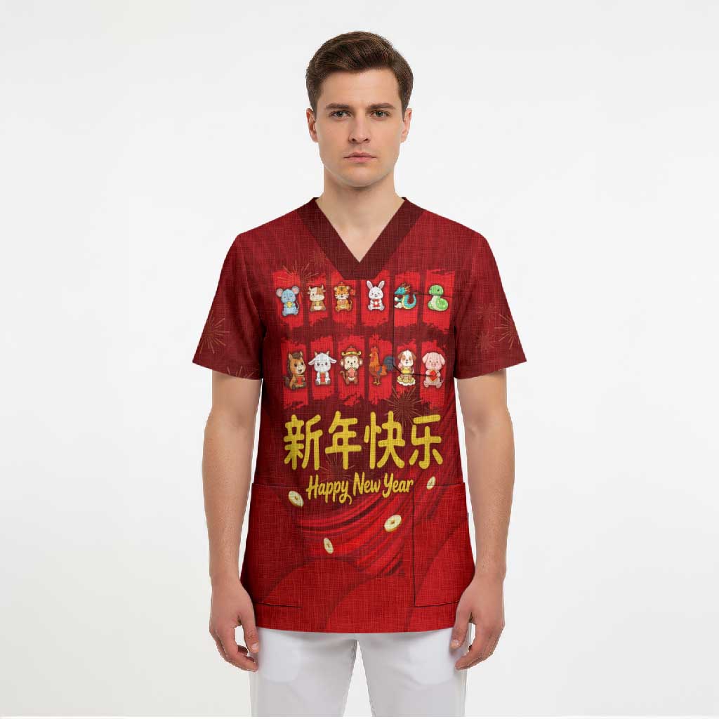 Chinese Zodiac Happy New Year Scrub Top Festive Cartoon Illustration Style