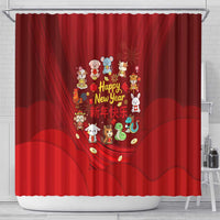 Chinese Zodiac Happy New Year Shower Curtain Festive Cartoon Illustration Style