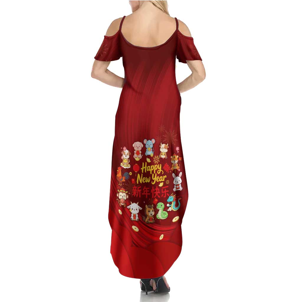 Chinese Zodiac Happy New Year Summer Maxi Dress Festive Cartoon Illustration Style