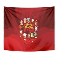 Chinese Zodiac Happy New Year Tapestry Festive Cartoon Illustration Style