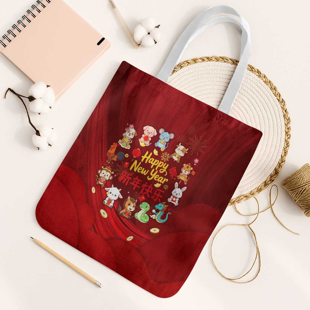 Chinese Zodiac Happy New Year Tote Bag Festive Cartoon Illustration Style