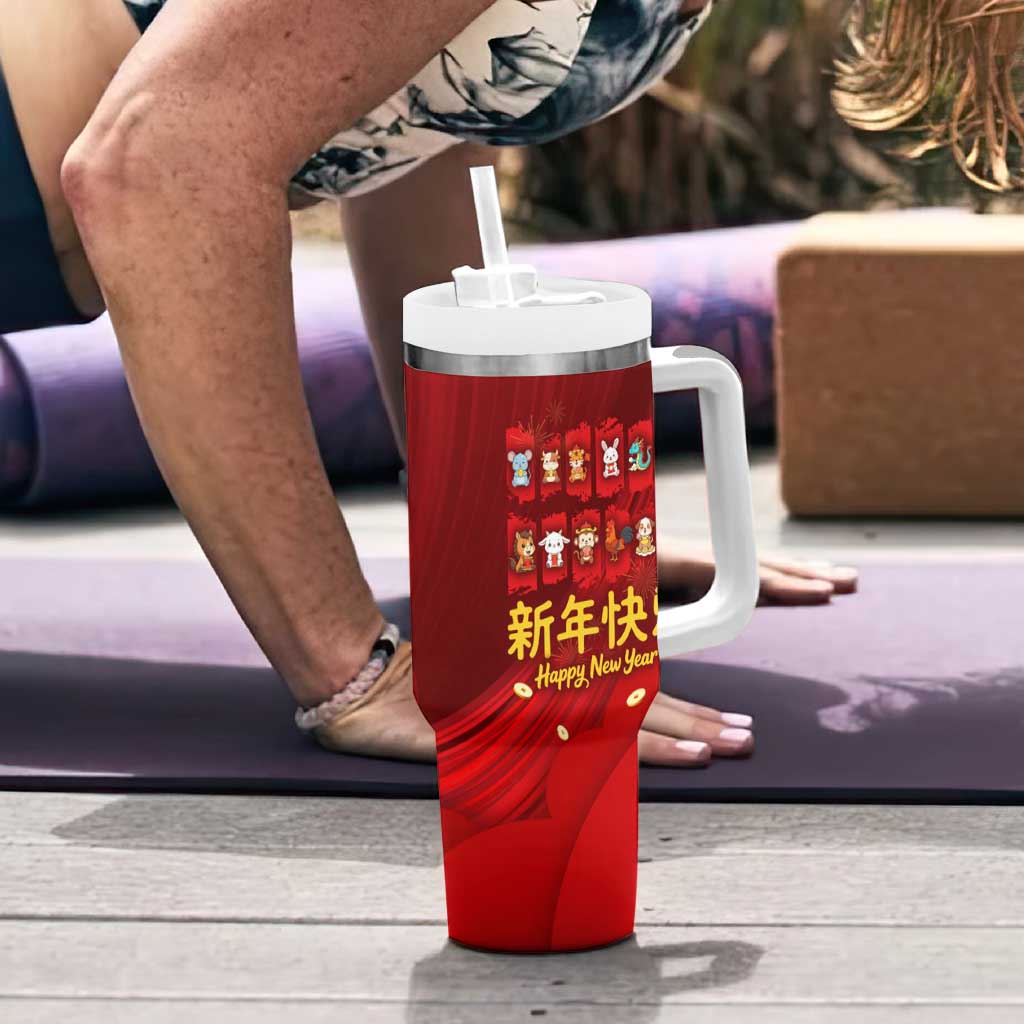 Chinese Zodiac Happy New Year Tumbler With Handle Festive Cartoon Illustration Style