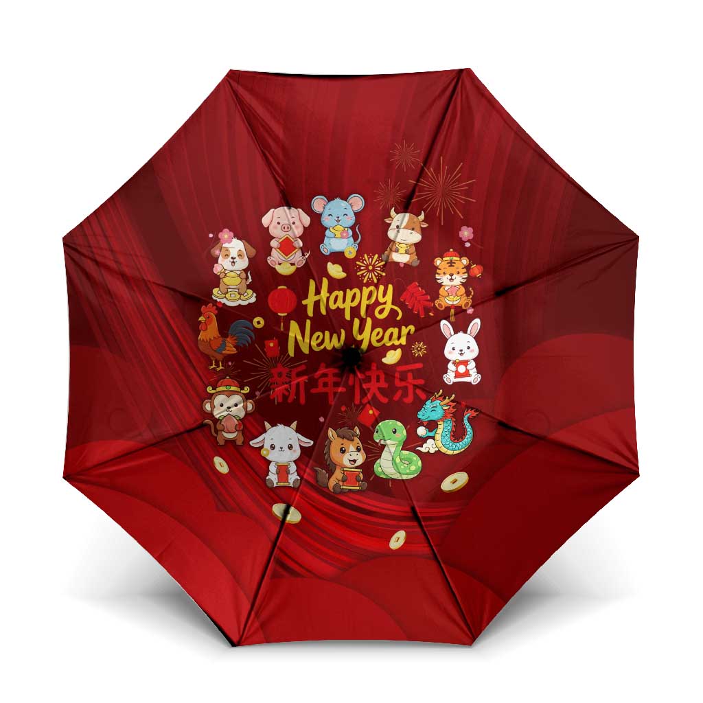 Chinese Zodiac Happy New Year Umbrella Festive Cartoon Illustration Style