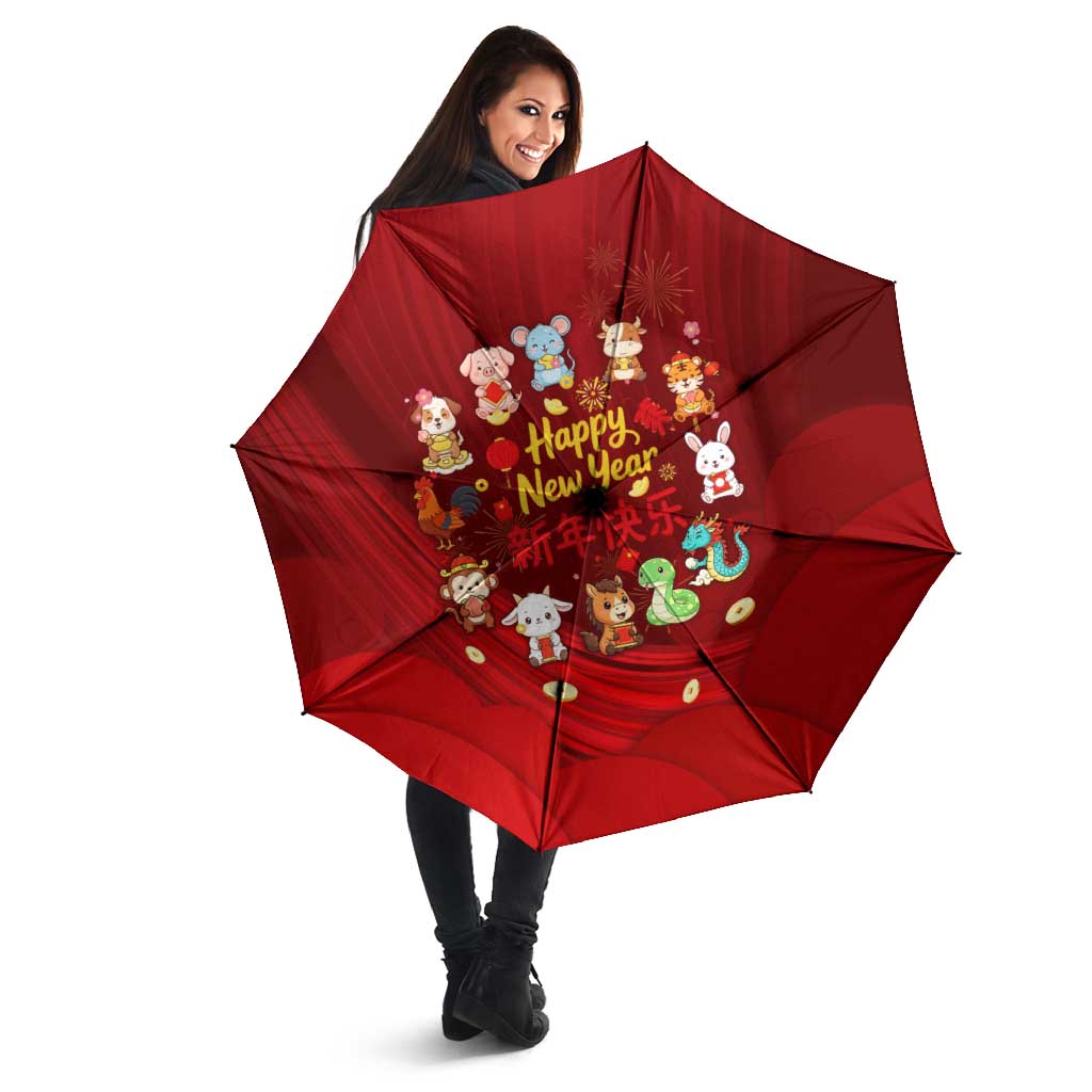Chinese Zodiac Happy New Year Umbrella Festive Cartoon Illustration Style