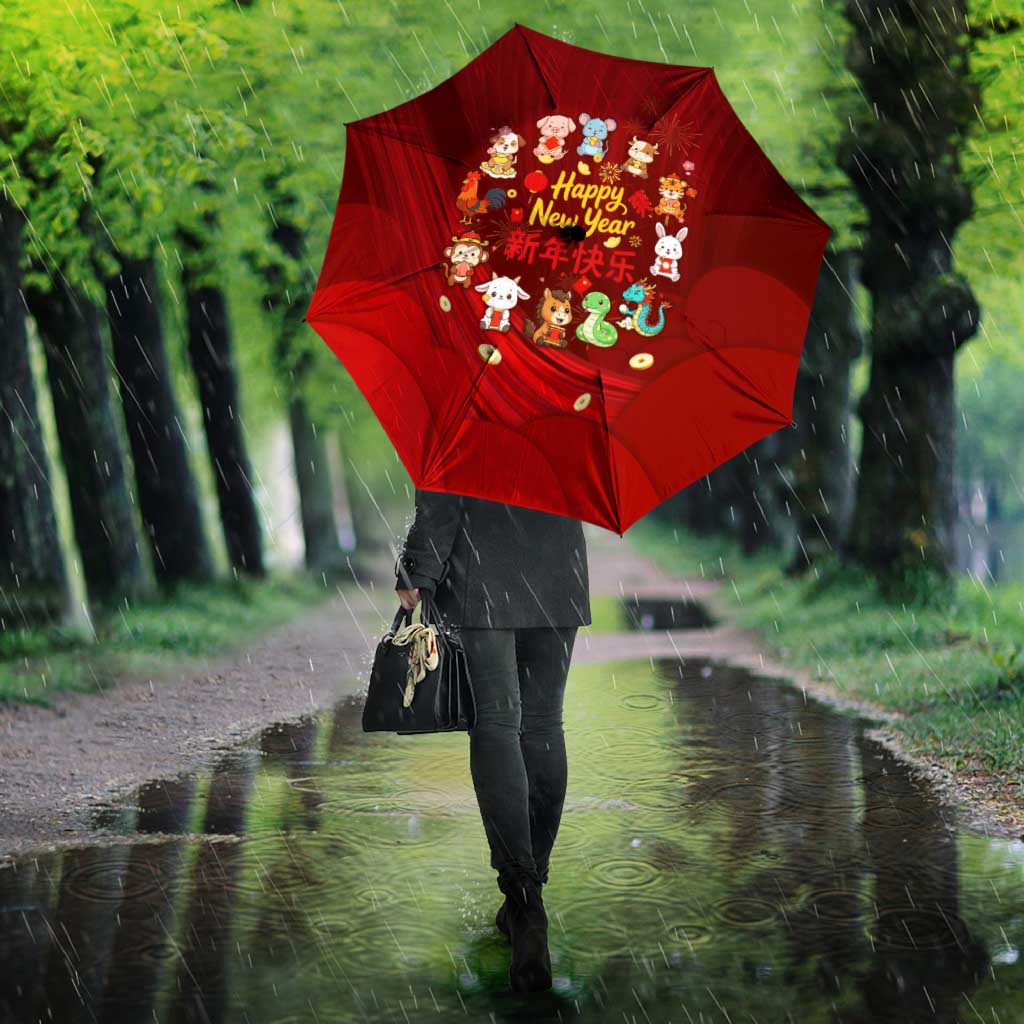 Chinese Zodiac Happy New Year Umbrella Festive Cartoon Illustration Style