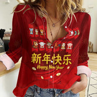 Chinese Zodiac Happy New Year Women Casual Shirt Festive Cartoon Illustration Style