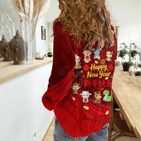 Chinese Zodiac Happy New Year Women Casual Shirt Festive Cartoon Illustration Style