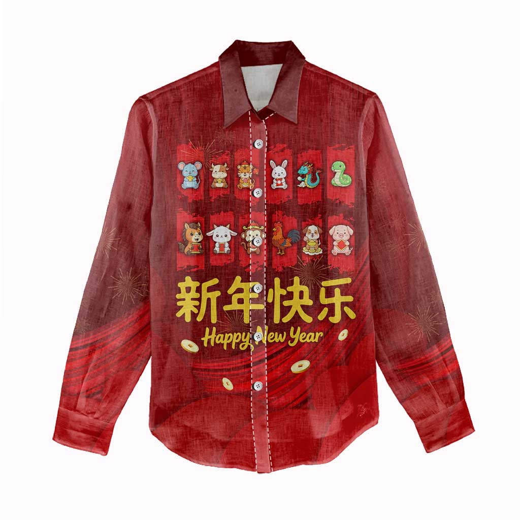 Chinese Zodiac Happy New Year Women Casual Shirt Festive Cartoon Illustration Style