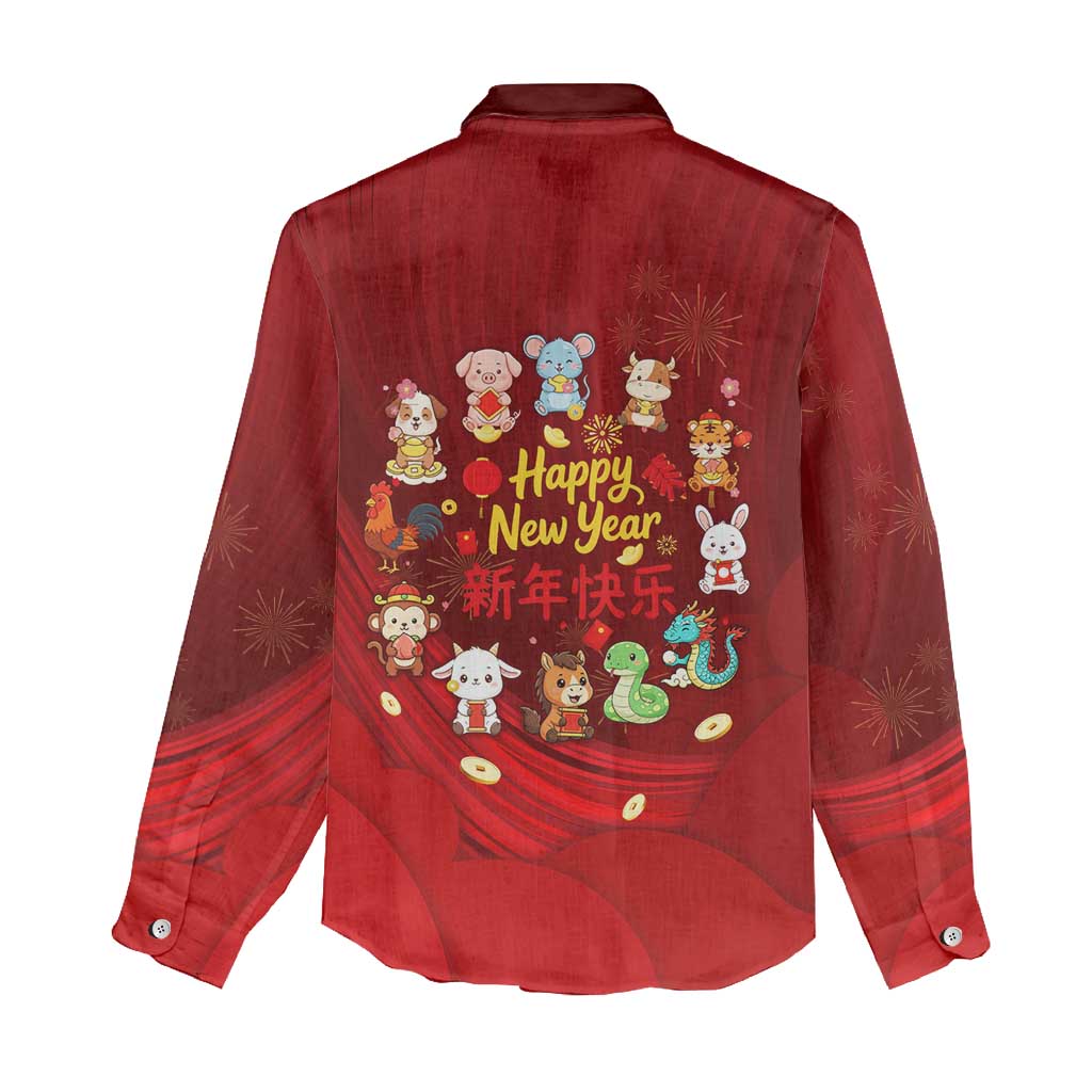 Chinese Zodiac Happy New Year Women Casual Shirt Festive Cartoon Illustration Style