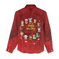 Chinese Zodiac Happy New Year Women Casual Shirt Festive Cartoon Illustration Style
