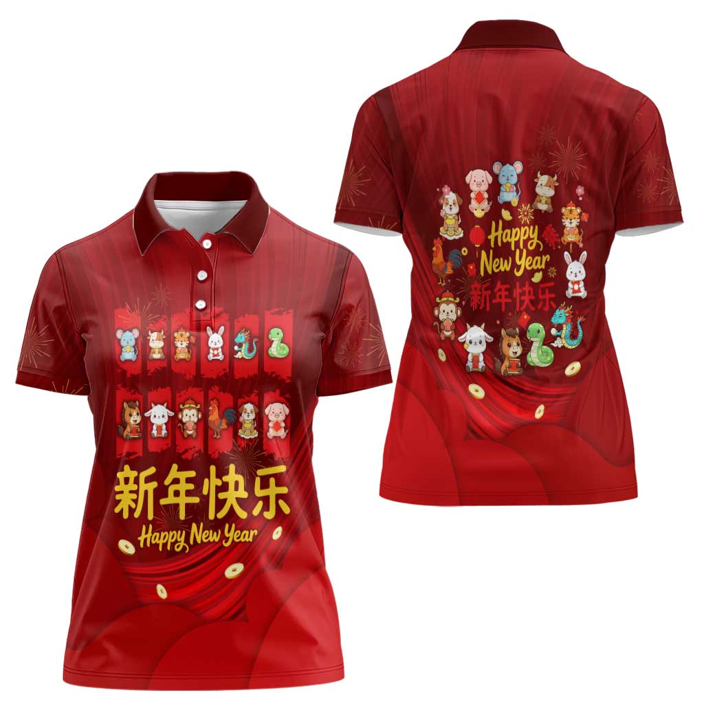 Chinese Zodiac Happy New Year Women Polo Shirt Festive Cartoon Illustration Style