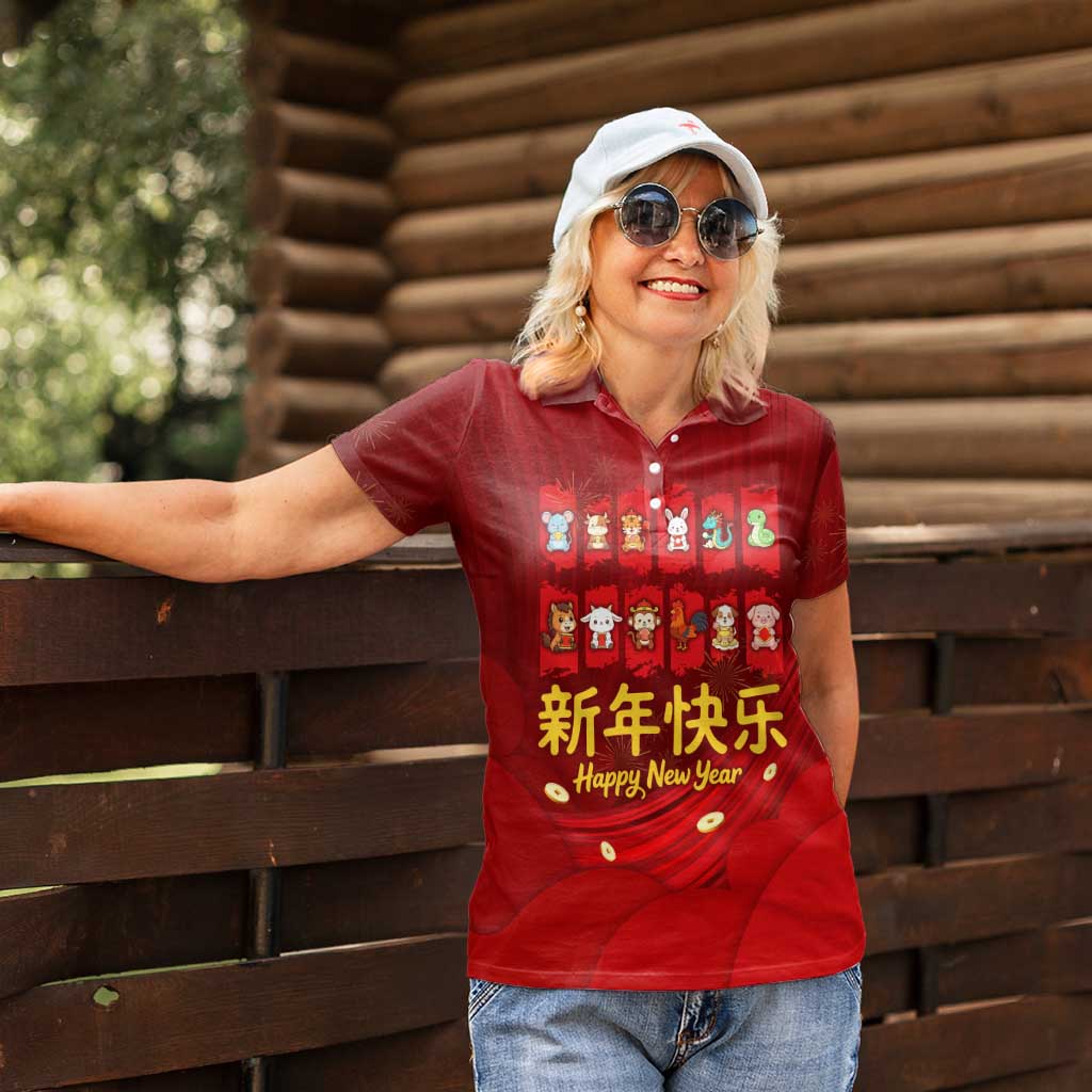 Chinese Zodiac Happy New Year Women Polo Shirt Festive Cartoon Illustration Style