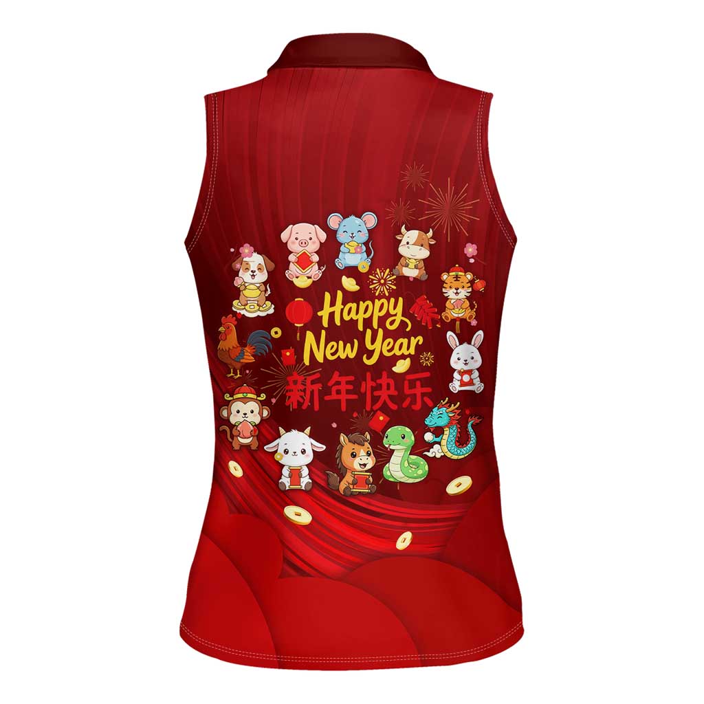 Chinese Zodiac Happy New Year Women Sleeveless Polo Shirt Festive Cartoon Illustration Style
