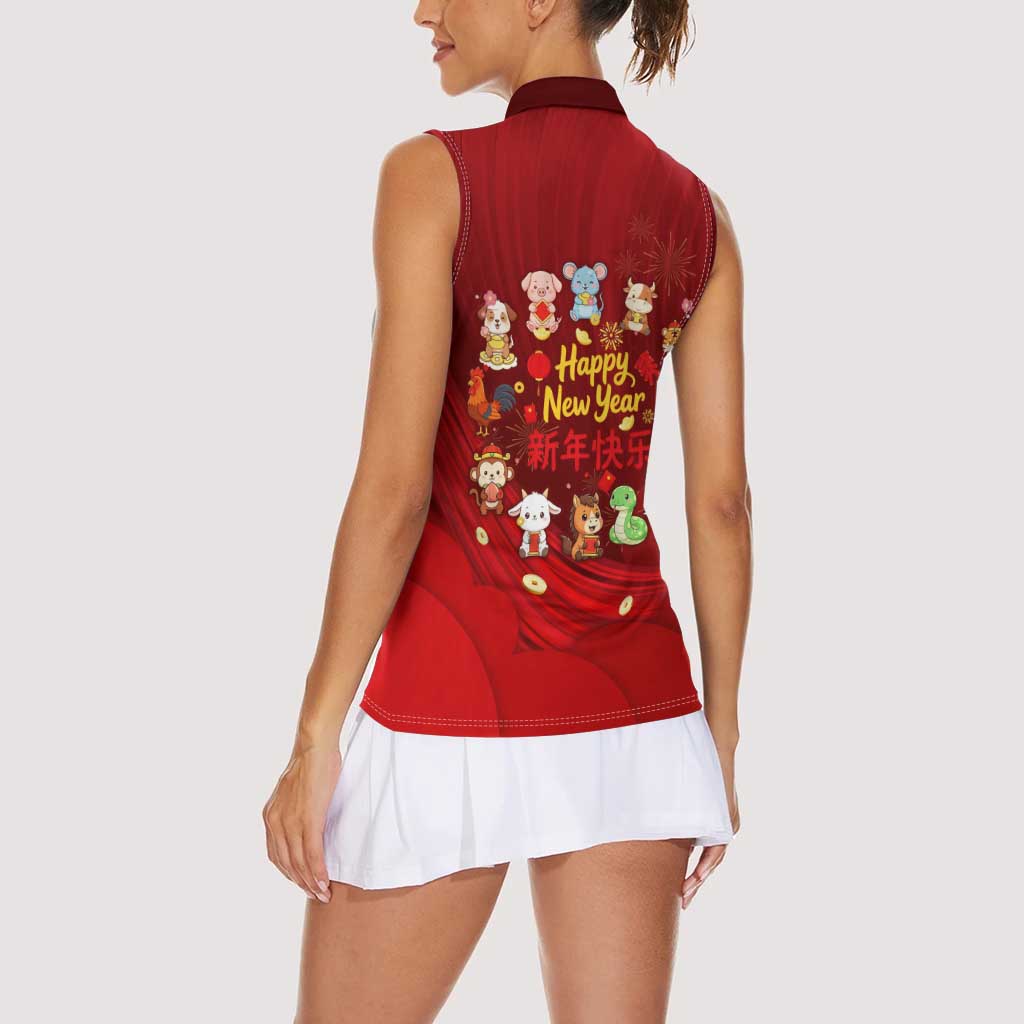 Chinese Zodiac Happy New Year Women Sleeveless Polo Shirt Festive Cartoon Illustration Style