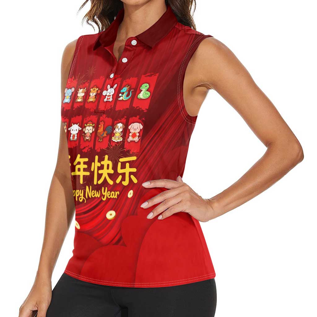 Chinese Zodiac Happy New Year Women Sleeveless Polo Shirt Festive Cartoon Illustration Style