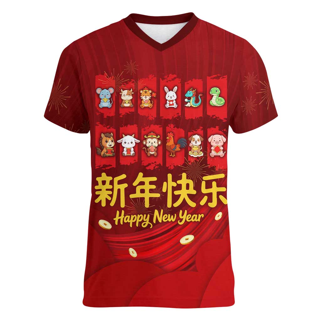 Chinese Zodiac Happy New Year Women V-Neck T-Shirt Festive Cartoon Illustration Style
