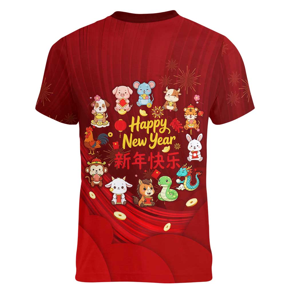 Chinese Zodiac Happy New Year Women V-Neck T-Shirt Festive Cartoon Illustration Style
