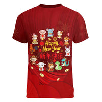 Chinese Zodiac Happy New Year Women V-Neck T-Shirt Festive Cartoon Illustration Style