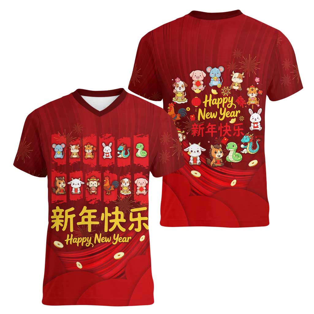 Chinese Zodiac Happy New Year Women V-Neck T-Shirt Festive Cartoon Illustration Style