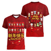 Chinese Zodiac Happy New Year Women V-Neck T-Shirt Festive Cartoon Illustration Style