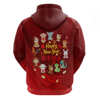 Chinese Zodiac Happy New Year Zip Hoodie Festive Cartoon Illustration Style