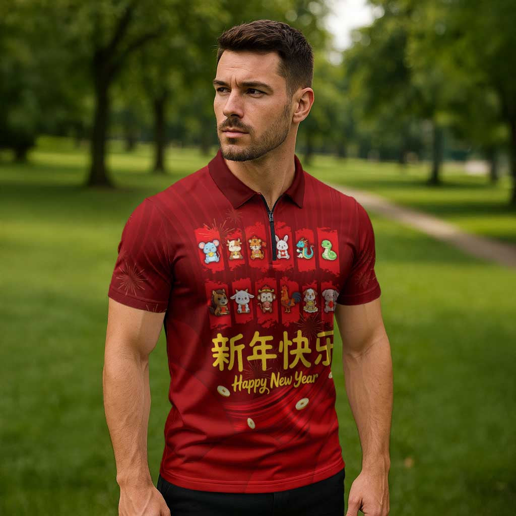 Chinese Zodiac Happy New Year Zipper Polo Shirt Festive Cartoon Illustration Style