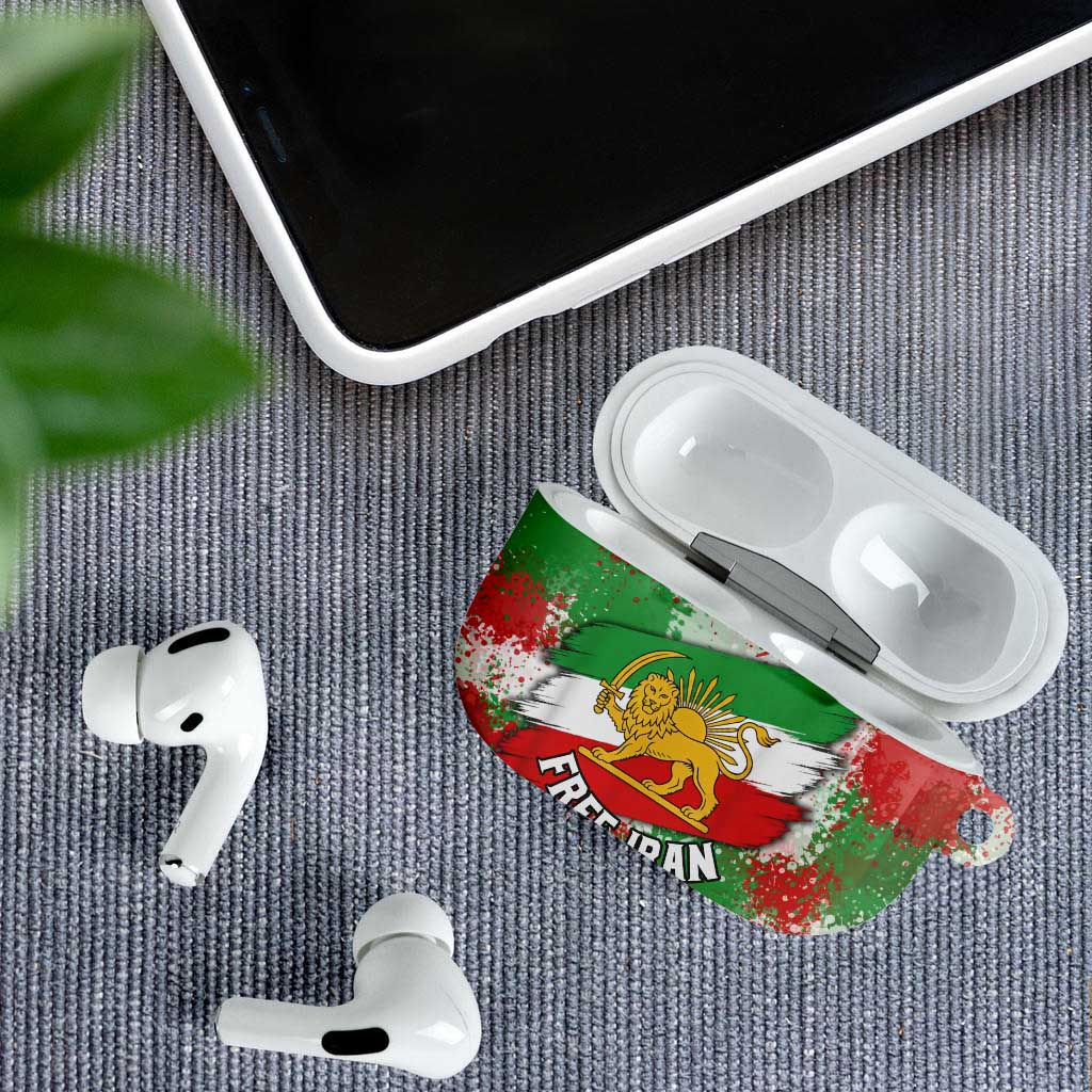Free Iran AirPods Case Lion and Sun Emblem Grunge Paint Splash Style