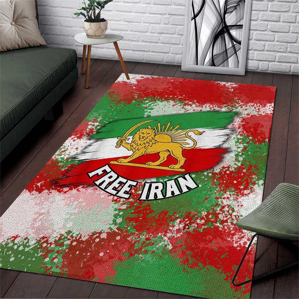 Free Iran Area Rug Lion and Sun Emblem Grunge Paint Splash Style