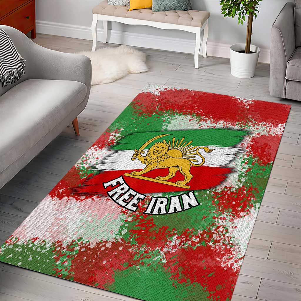 Free Iran Area Rug Lion and Sun Emblem Grunge Paint Splash Style