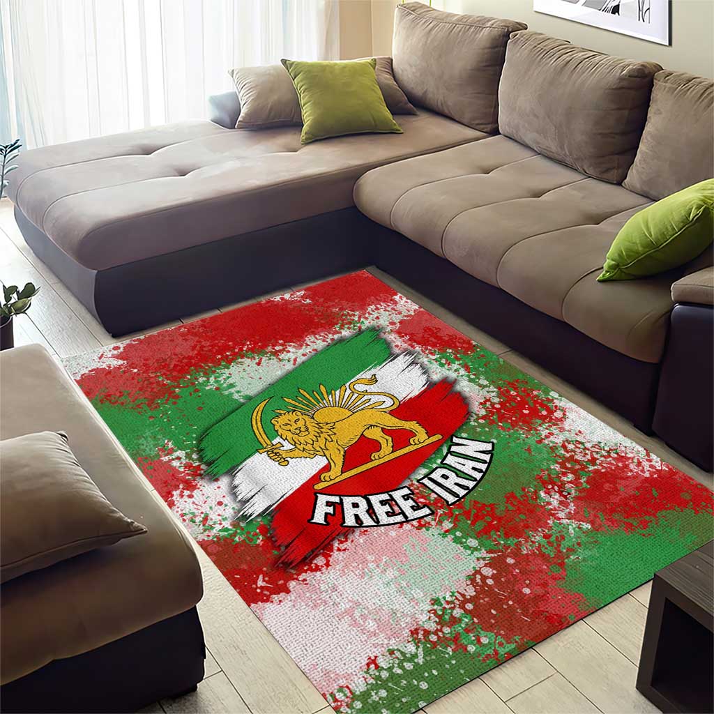 Free Iran Area Rug Lion and Sun Emblem Grunge Paint Splash Style