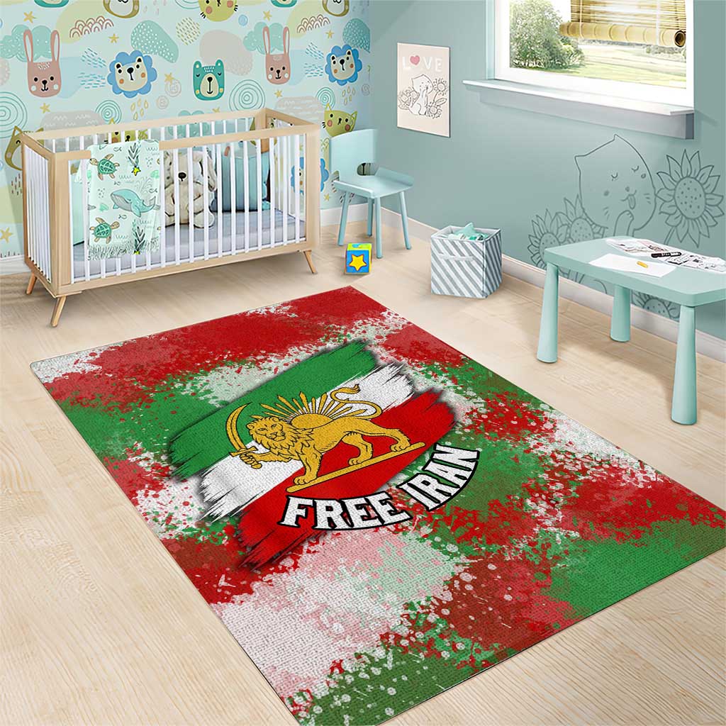 Free Iran Area Rug Lion and Sun Emblem Grunge Paint Splash Style