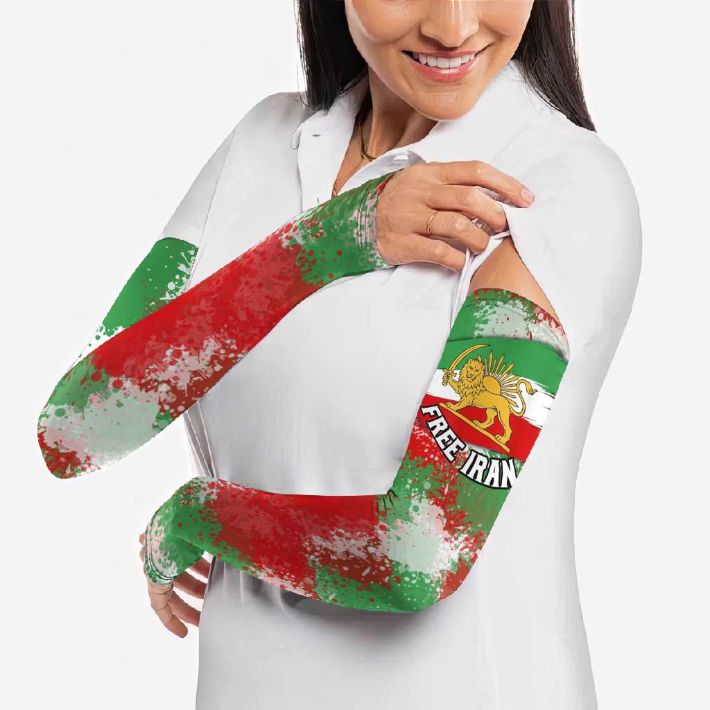 Free Iran Arm Sleeves Lion and Sun Emblem Grunge Paint Splash Style