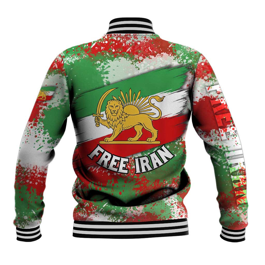 Free Iran Baseball Jacket Lion and Sun Emblem Grunge Paint Splash Style