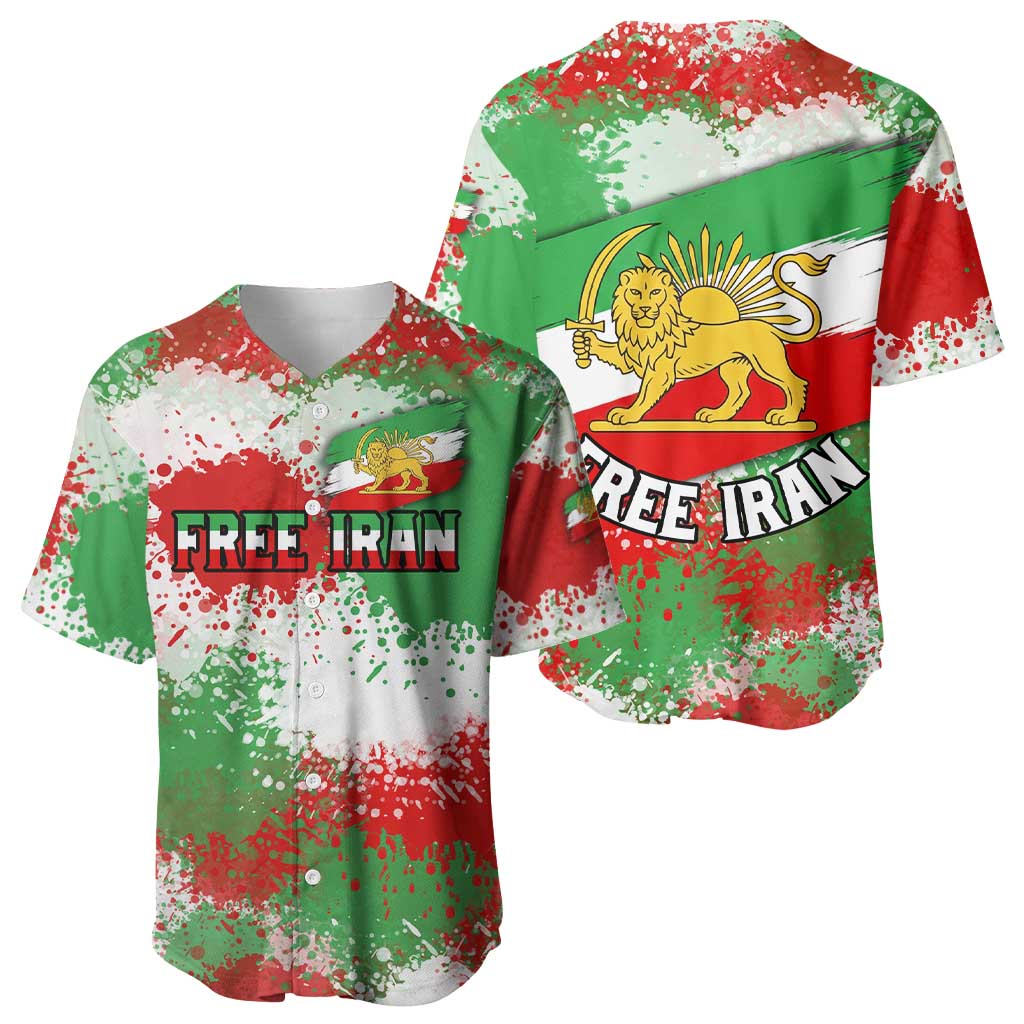 Free Iran Baseball Jersey Lion and Sun Emblem Grunge Paint Splash Style