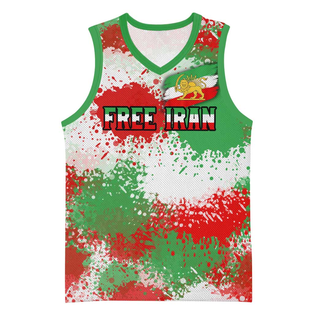 Free Iran Basketball Jersey Lion and Sun Emblem Grunge Paint Splash Style