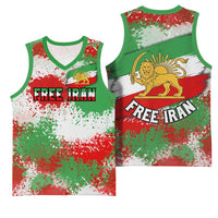Free Iran Basketball Jersey Lion and Sun Emblem Grunge Paint Splash Style
