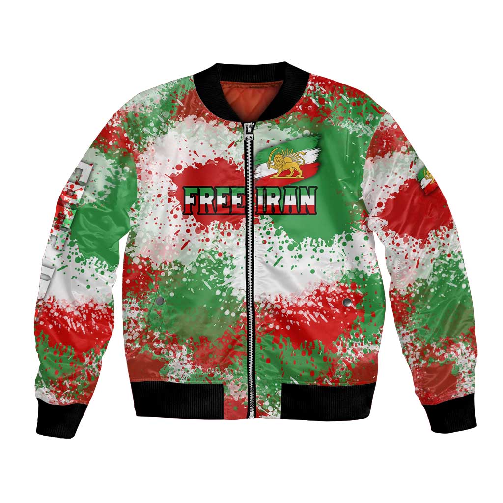 Free Iran Bomber Jacket Lion and Sun Emblem Grunge Paint Splash Style