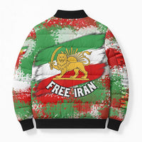 Free Iran Bomber Puffer Jacket Lion and Sun Emblem Grunge Paint Splash Style
