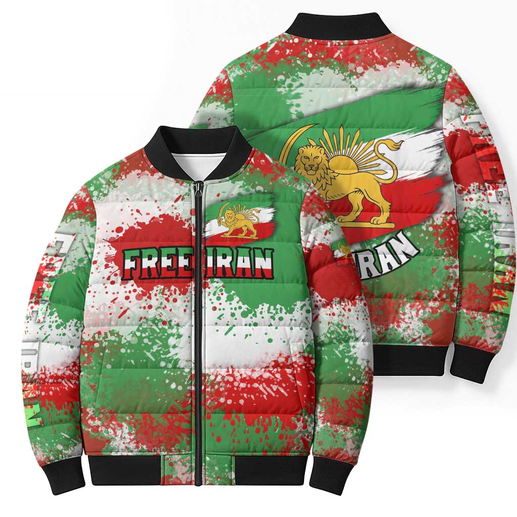 Free Iran Bomber Puffer Jacket Lion and Sun Emblem Grunge Paint Splash Style