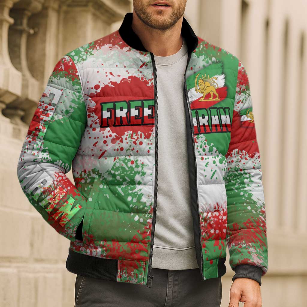 Free Iran Bomber Puffer Jacket Lion and Sun Emblem Grunge Paint Splash Style
