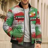 Free Iran Bomber Puffer Jacket Lion and Sun Emblem Grunge Paint Splash Style