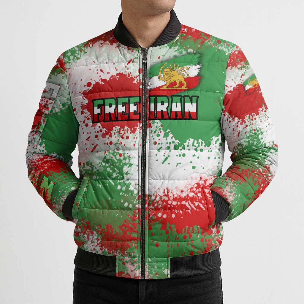 Free Iran Bomber Puffer Jacket Lion and Sun Emblem Grunge Paint Splash Style