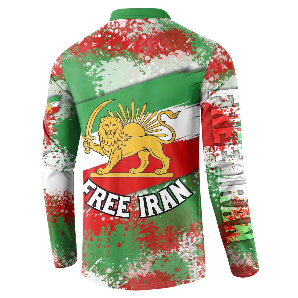 Free Iran Button Sweatshirt Lion and Sun Emblem Grunge Paint Splash Style